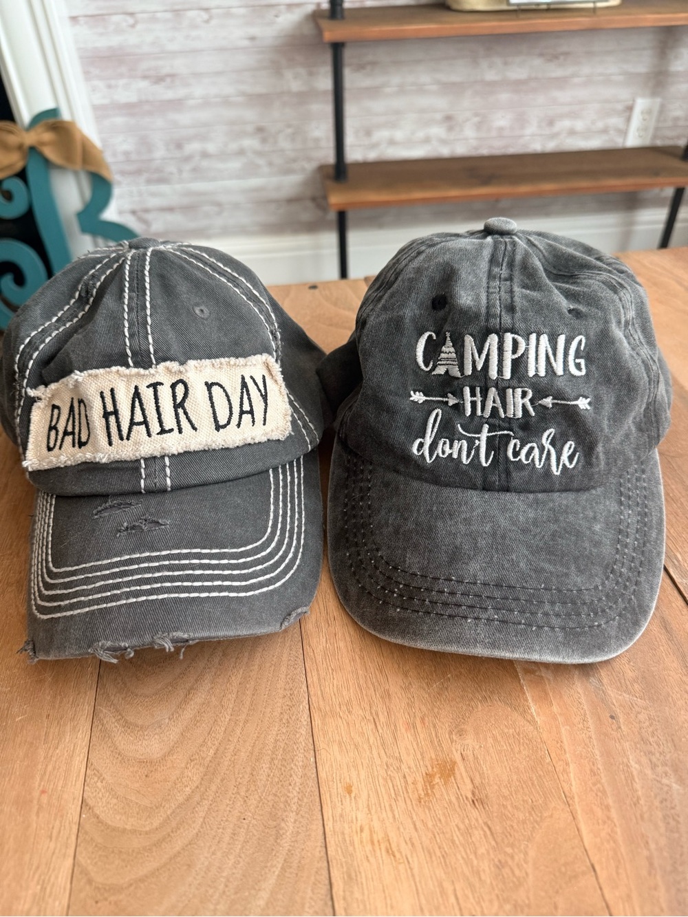 KBETHOS Gray 'Bad Hair Day' & 'Camping Hair Don't Care' Distressed Baseball Caps